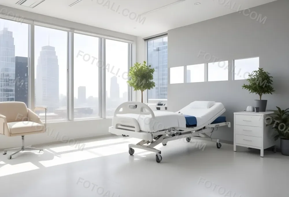 Hospital Room With A Modern Adjustable Bed A Small Tree In A Pot A Side Table And A Large Window With A City View 19 35e8