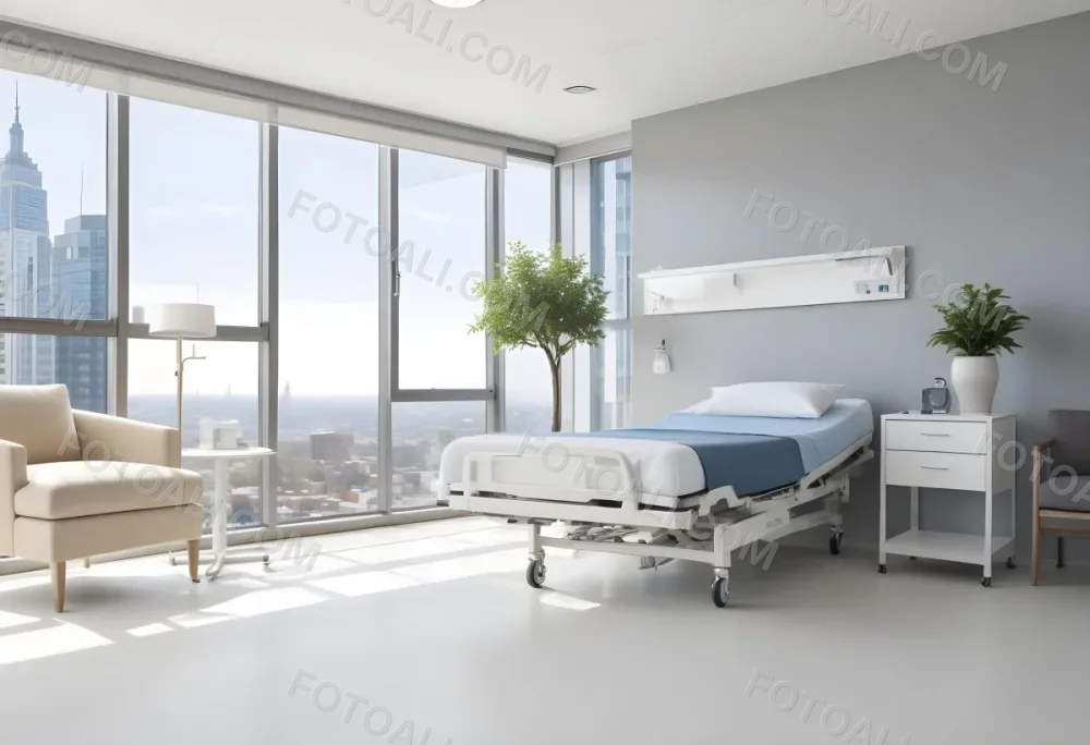 Hospital Room With A Modern Adjustable Bed A Small Tree In A Pot A Side Table And A Large Window With A City View 2 E923