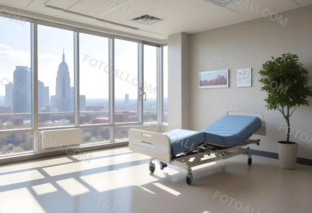 Hospital Room With A Modern Adjustable Bed A Small Tree In A Pot A Side Table And A Large Window With A City View 21 0da2