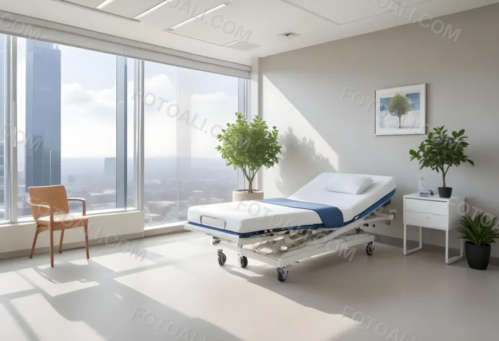 Hospital Room With A Modern Adjustable Bed A Small Tree In A Pot A Side Table And A Large Window With A City View 22 66f9
