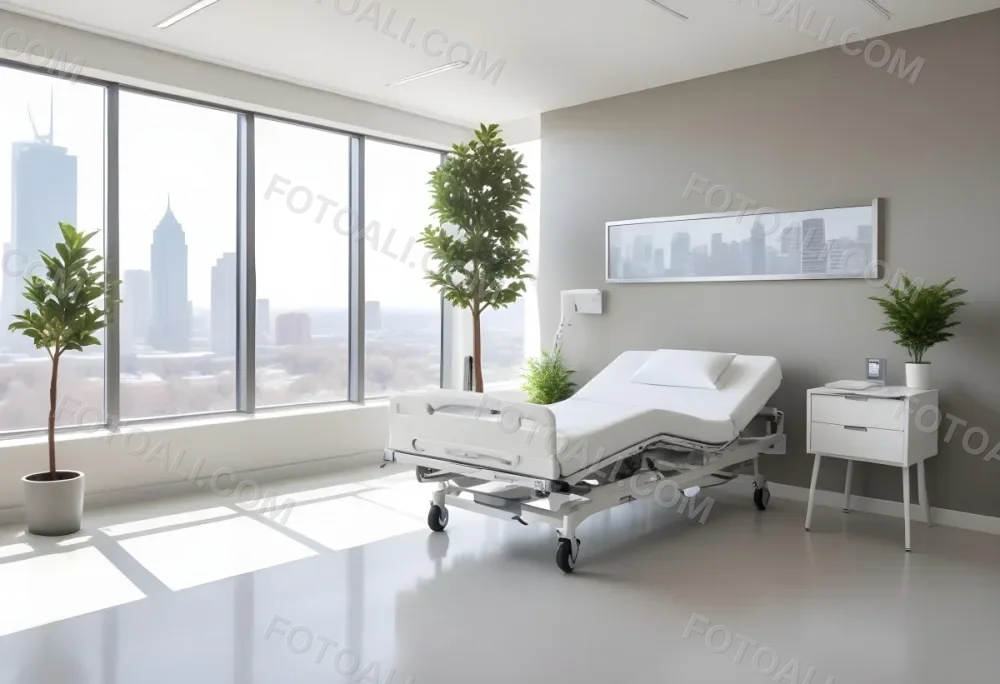 Hospital Room With A Modern Adjustable Bed A Small Tree In A Pot A Side Table And A Large Window With A City View 23 2acb