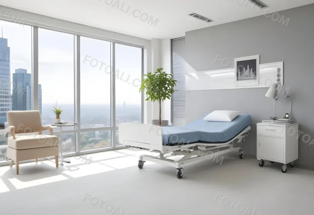 Hospital Room With A Modern Adjustable Bed A Small Tree In A Pot A Side Table And A Large Window With A City View 25 4b08
