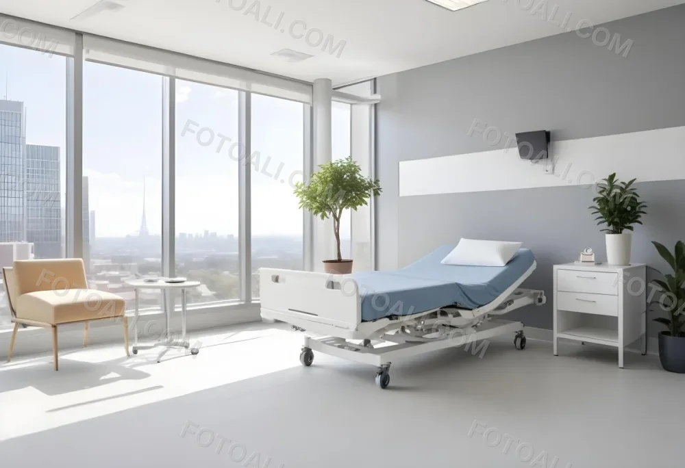 Hospital Room With A Modern Adjustable Bed A Small Tree In A Pot A Side Table And A Large Window With A City View 3 F34d