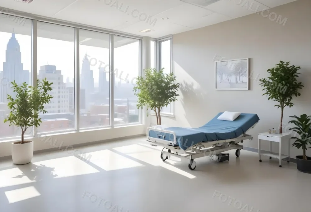Hospital Room With A Modern Adjustable Bed A Small Tree In A Pot A Side Table And A Large Window With A City View 4 7652