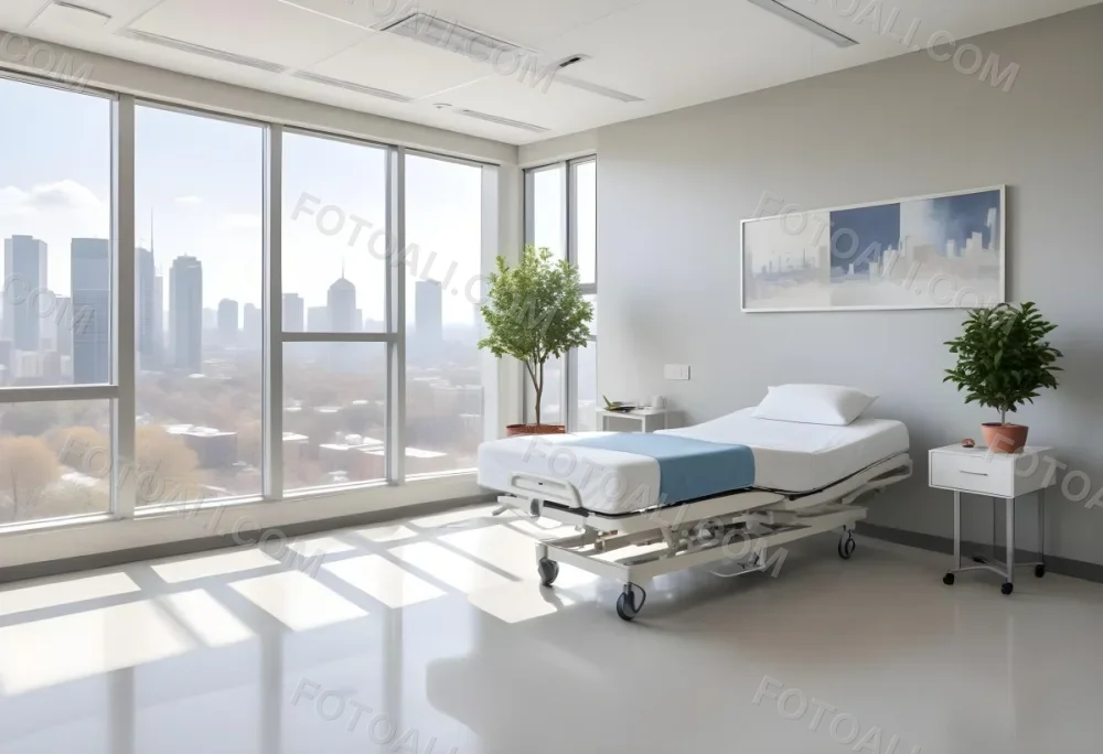 Hospital Room With A Modern Adjustable Bed A Small Tree In A Pot A Side Table And A Large Window With A City View 5 4b34
