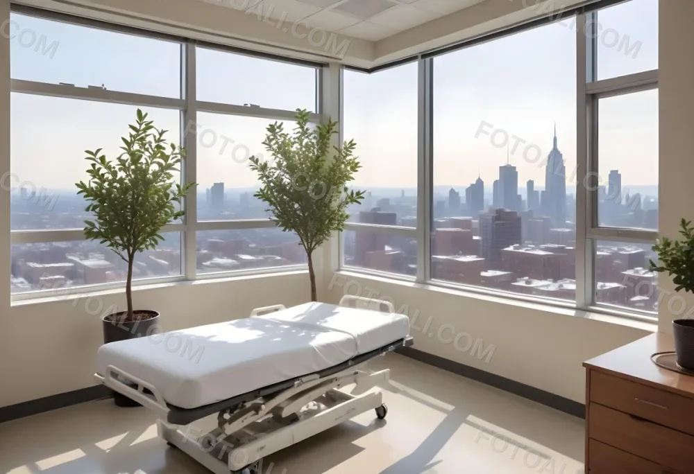 Hospital Room With A Modern Adjustable Bed A Small Tree In A Pot A Side Table And A Large Window With A City View 6 4b6f