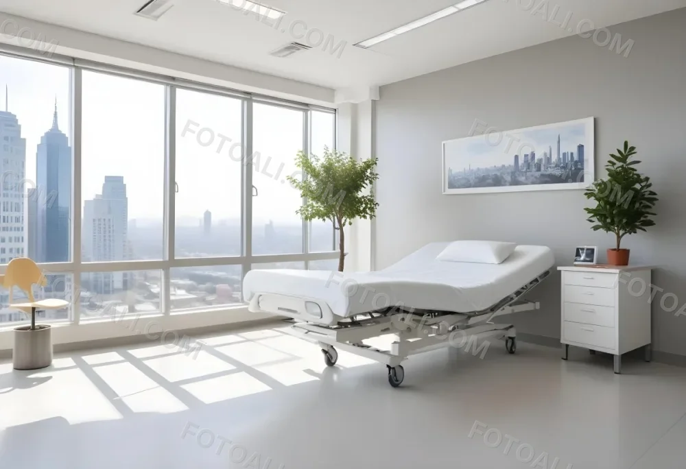 Hospital Room With A Modern Adjustable Bed A Small Tree In A Pot A Side Table And A Large Window With A City View 7 1350