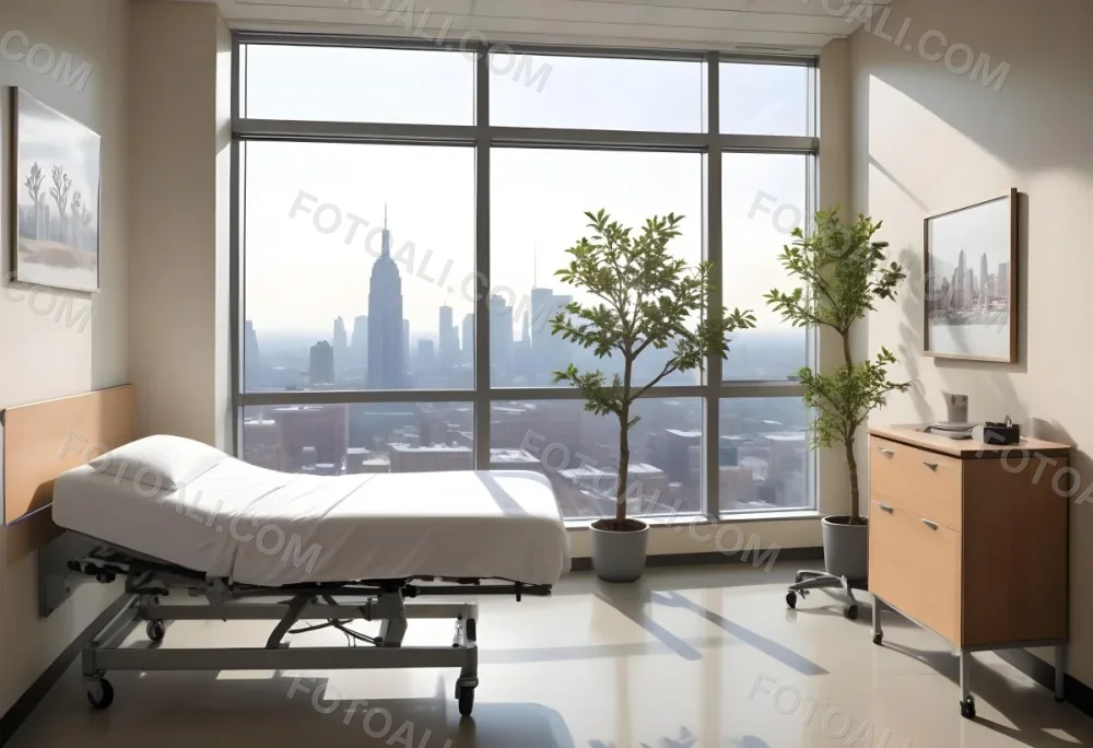 Hospital Room With A Modern Adjustable Bed A Small Tree In A Pot A Side Table And A Large Window With A City View 8 5725