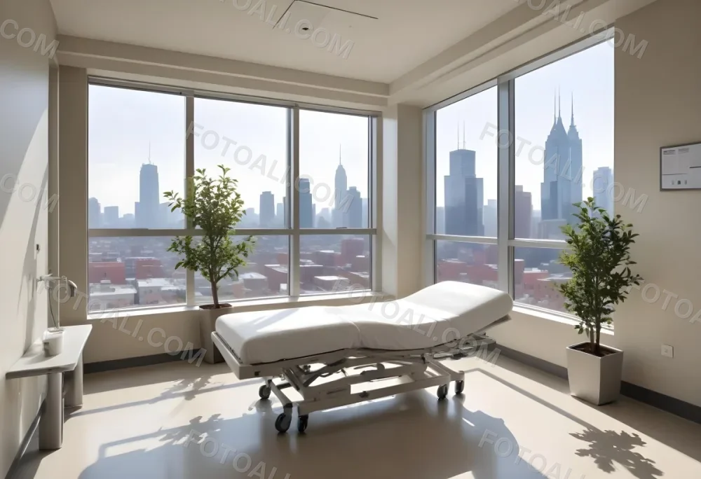 Hospital Room With A Modern Adjustable Bed A Small Tree In A Pot A Side Table And A Large Window With A City View 9 2ed1