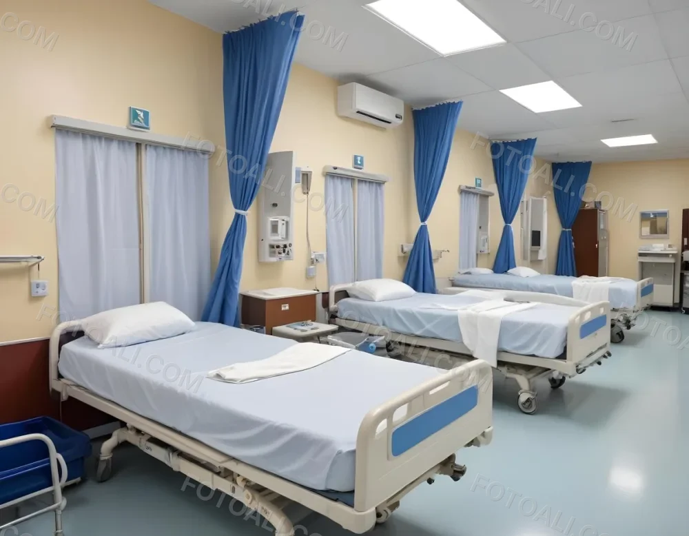 Hospital Room With Three Empty Beds Blue Sheets White Curtains Air Conditioner Blue Walls And A Shiny Floor 1 72d2