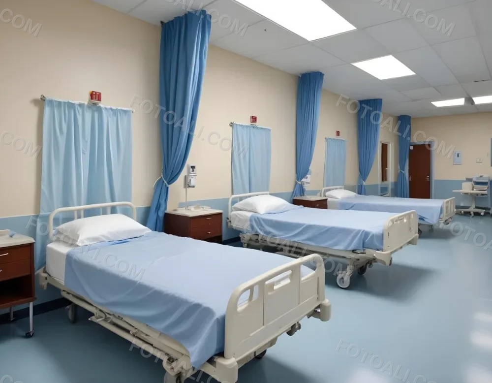 Hospital Room With Three Empty Beds Blue Sheets White Curtains Air Conditioner Blue Walls And A Shiny Floor 10 0f30