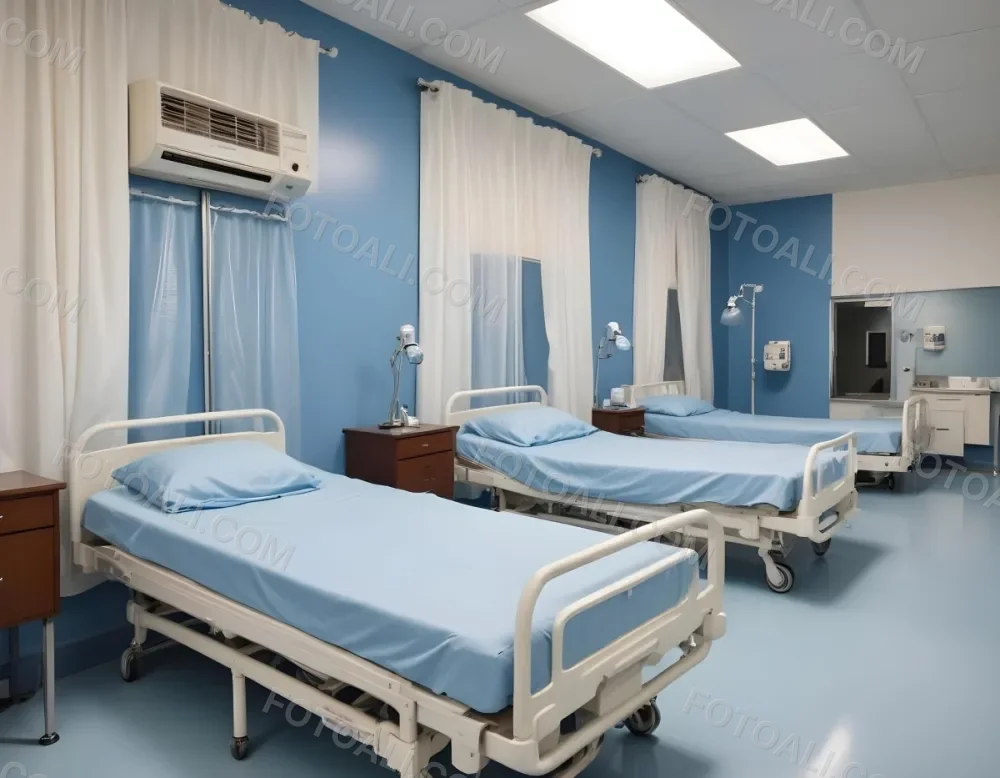 Hospital Room With Three Empty Beds Blue Sheets White Curtains Air Conditioner Blue Walls And A Shiny Floor 11 9f72