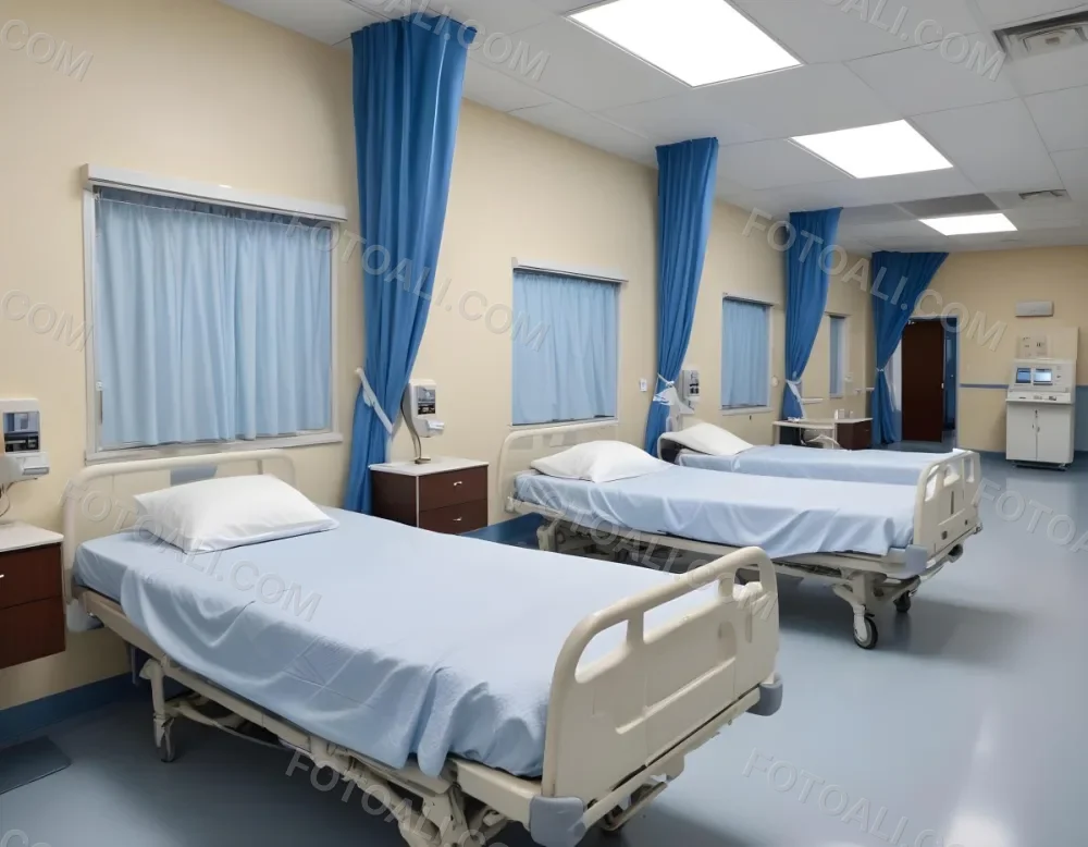 Hospital Room With Three Empty Beds Blue Sheets White Curtains Air Conditioner Blue Walls And A Shiny Floor 2 0c64