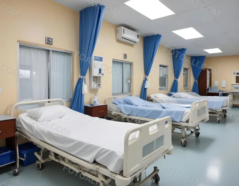 Hospital Room With Three Empty Beds Blue Sheets White Curtains Air Conditioner Blue Walls And A Shiny Floor 3 Ba32
