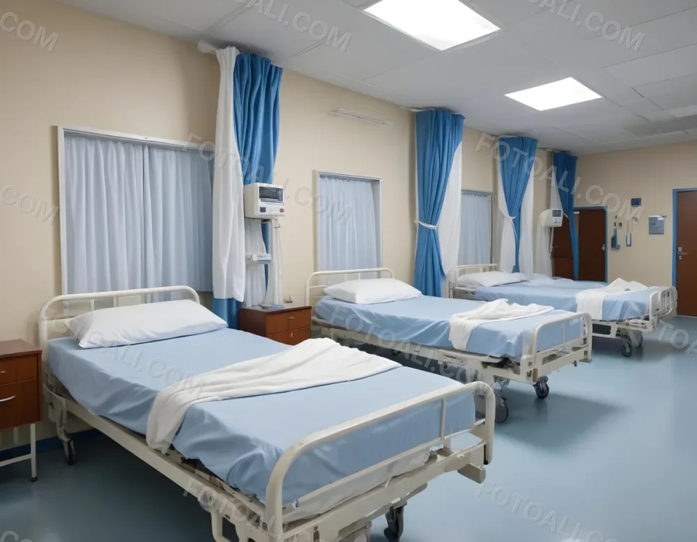 Hospital Room With Three Empty Beds Blue Sheets White Curtains Air Conditioner Blue Walls And A Shiny Floor 4 Adcf