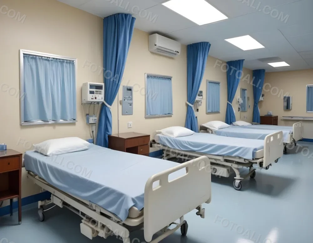 Hospital Room With Three Empty Beds Blue Sheets White Curtains Air Conditioner Blue Walls And A Shiny Floor 6 F2fe