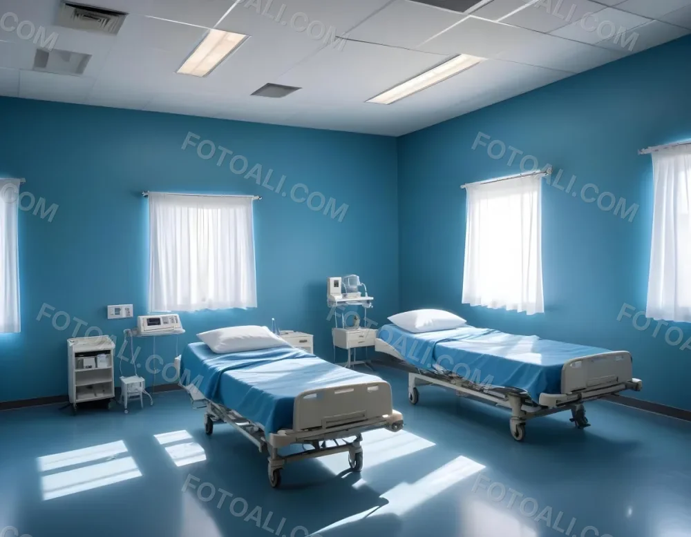 Hospital Room With Three Empty Beds Blue Sheets White Curtains Air Conditioner Blue Walls And A Shiny Floor 7 5cb2