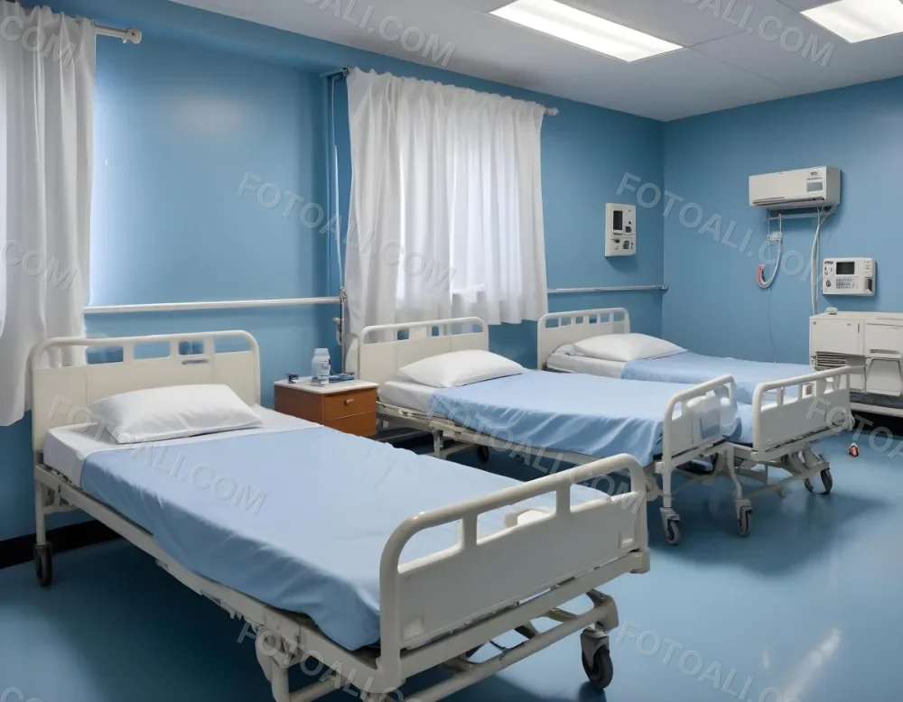 Hospital Room With Three Empty Beds Blue Sheets White Curtains Air Conditioner Blue Walls And A Shiny Floor 8 1329