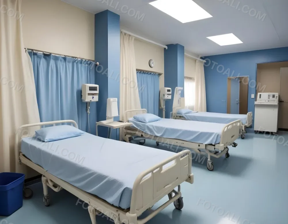 Hospital Room With Three Empty Beds Blue Sheets White Curtains Air Conditioner Blue Walls And A Shiny Floor 9 Ed36
