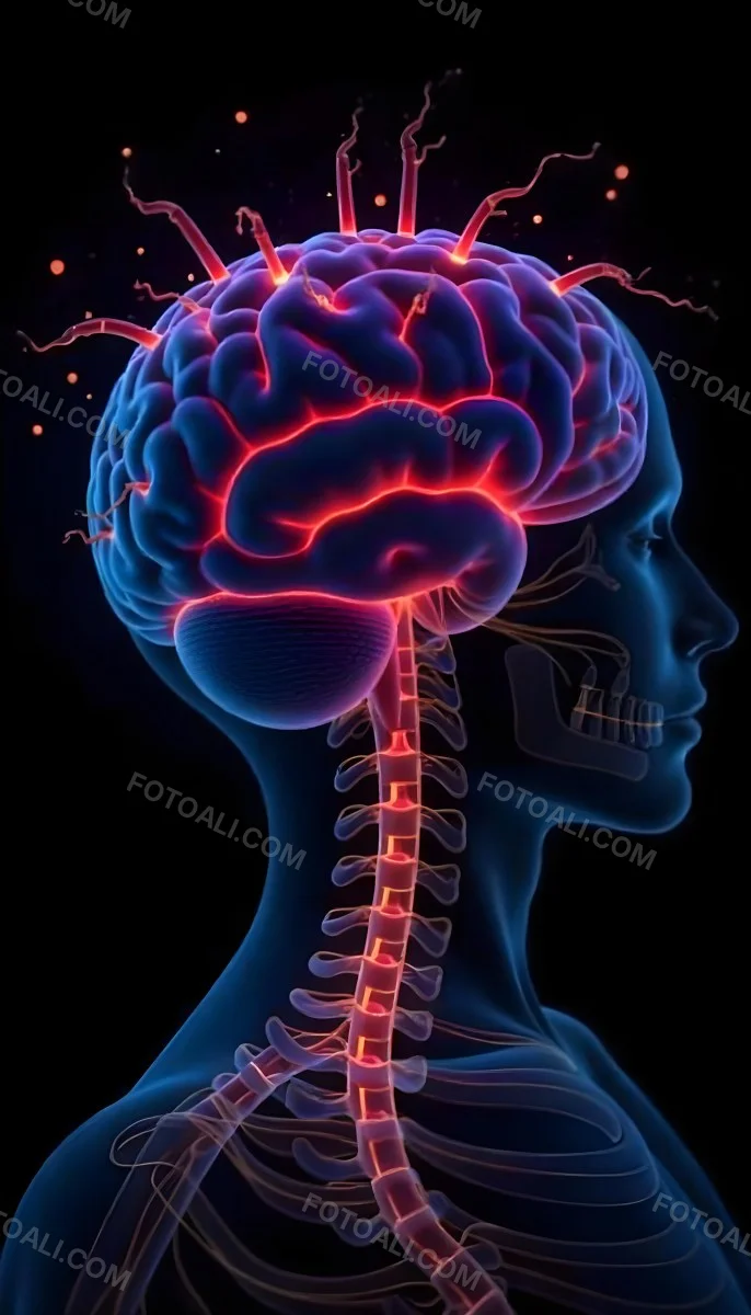 Human Head With Brain And Spinal Cord In Red And Blue Black Background 10 Bb85