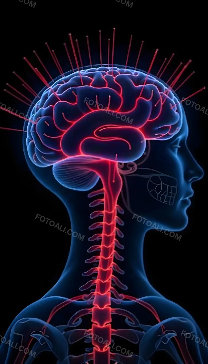 Human Head With Brain And Spinal Cord In Red And Blue Black Background 11 7504