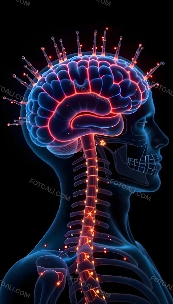 Human Head With Brain And Spinal Cord In Red And Blue Black Background 12 79bf