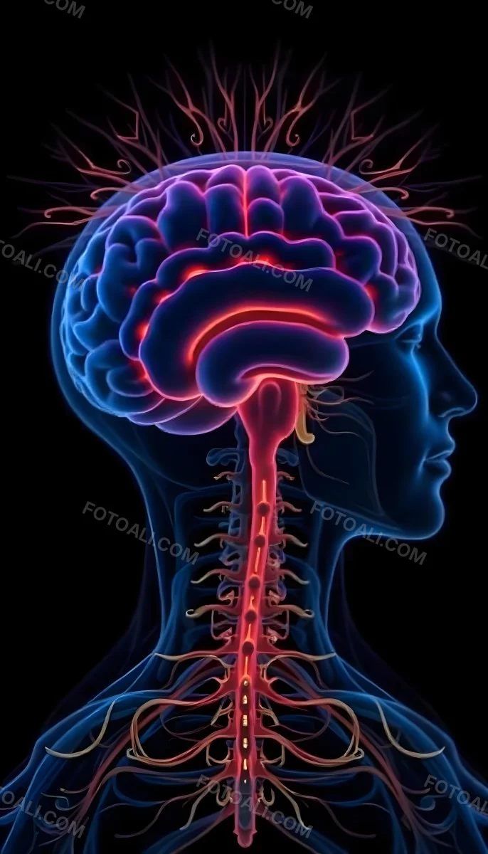 Human Head With Brain And Spinal Cord In Red And Blue Black Background 14 D212