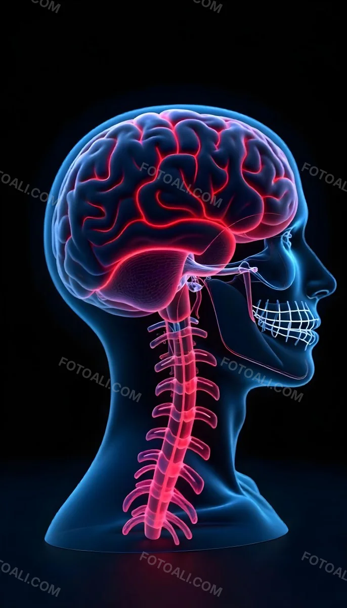 Human Head With Brain And Spinal Cord In Red And Blue Black Background 16 52ac