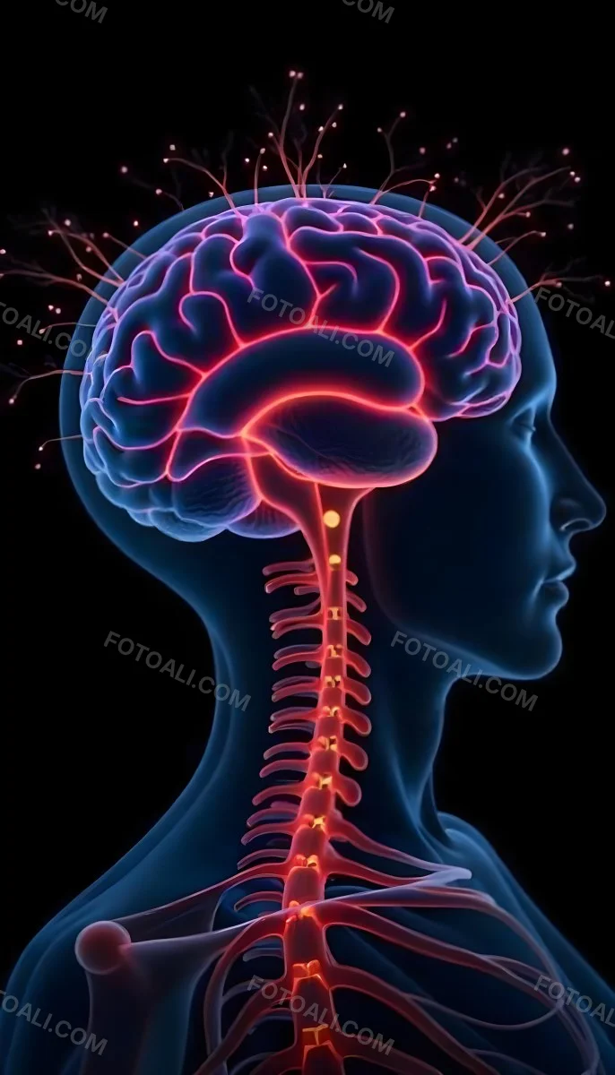 Human Head With Brain And Spinal Cord In Red And Blue Black Background 18 C12c