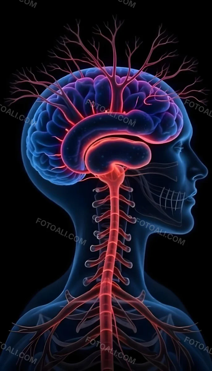 Human Head With Brain And Spinal Cord In Red And Blue Black Background 22 E121