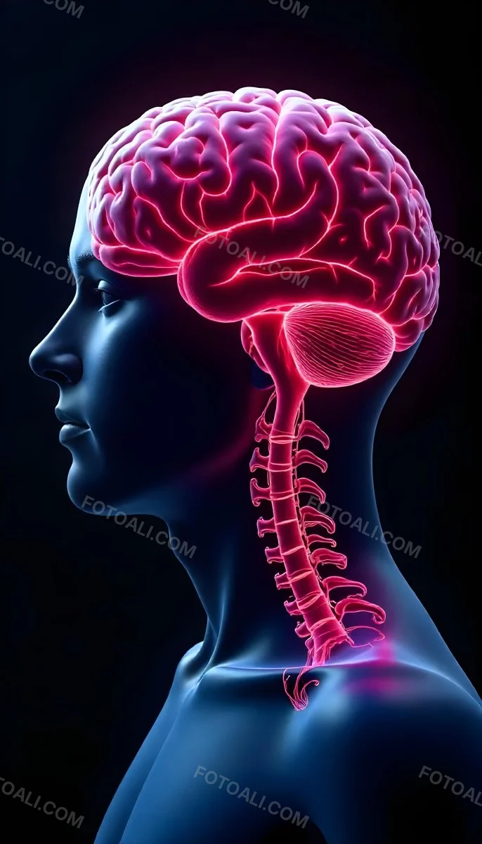 Human Head With Brain And Spinal Cord In Red And Blue Black Background 5 332d