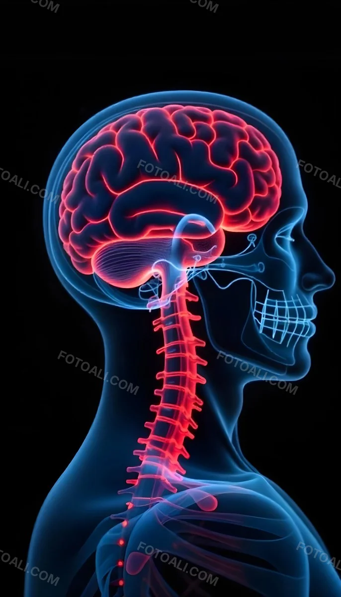 Human Head With Brain And Spinal Cord In Red And Blue Black Background 7 72d5