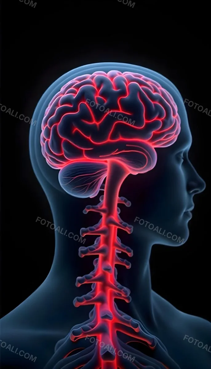 Human Head With Brain And Spinal Cord In Red And Blue Black Background 8 D8fa