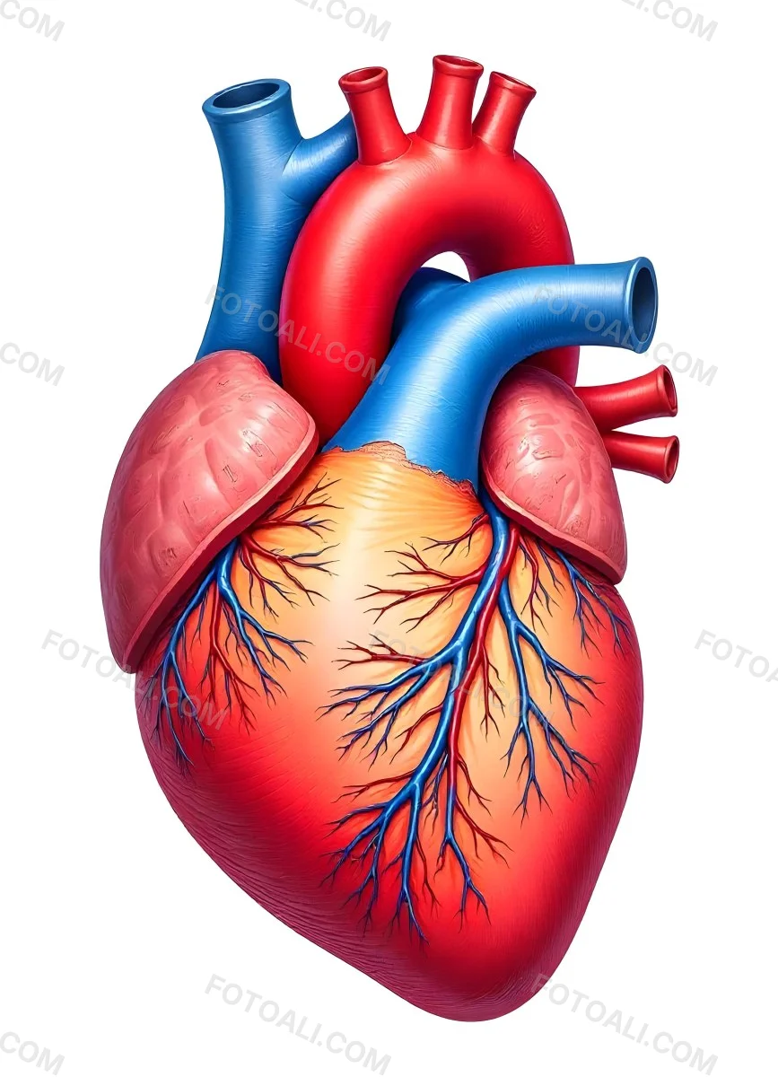 Human Heart With Veins And Arteries Detailed Anatomical Illustration Red And Blue Vessels Yellow Fat Tissue White Background Medical Diagram 1 8f5f