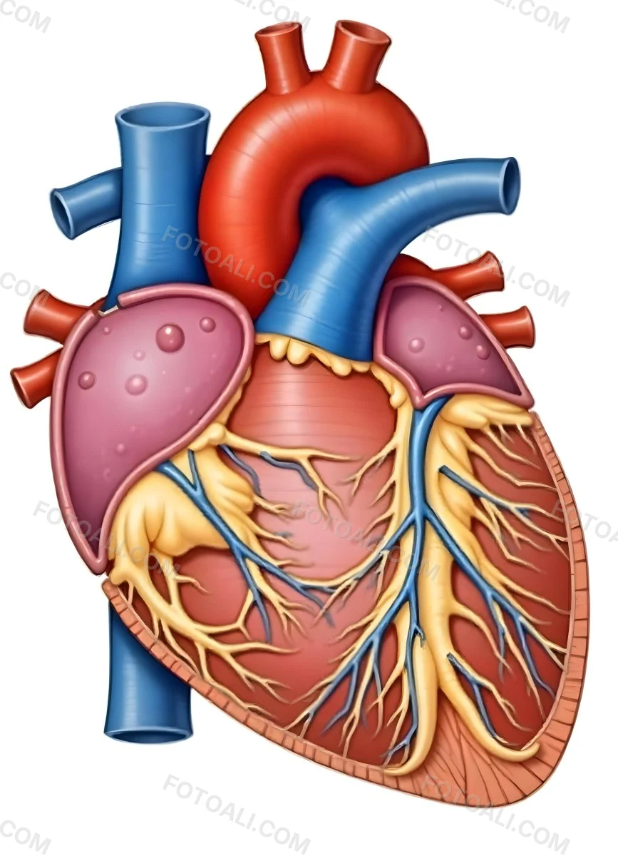 Human Heart With Veins And Arteries Detailed Anatomical Illustration Red And Blue Vessels Yellow Fat Tissue White Background Medical Diagram 12 A757