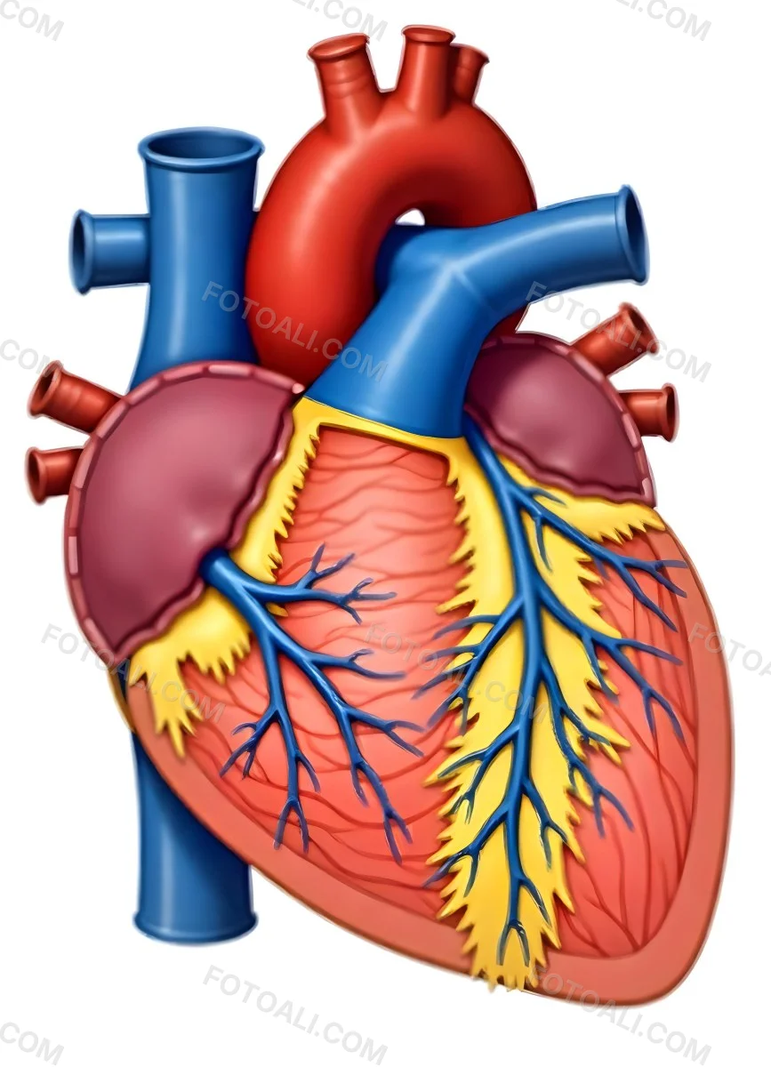 Human Heart With Veins And Arteries Detailed Anatomical Illustration Red And Blue Vessels Yellow Fat Tissue White Background Medical Diagram 14 Dc99