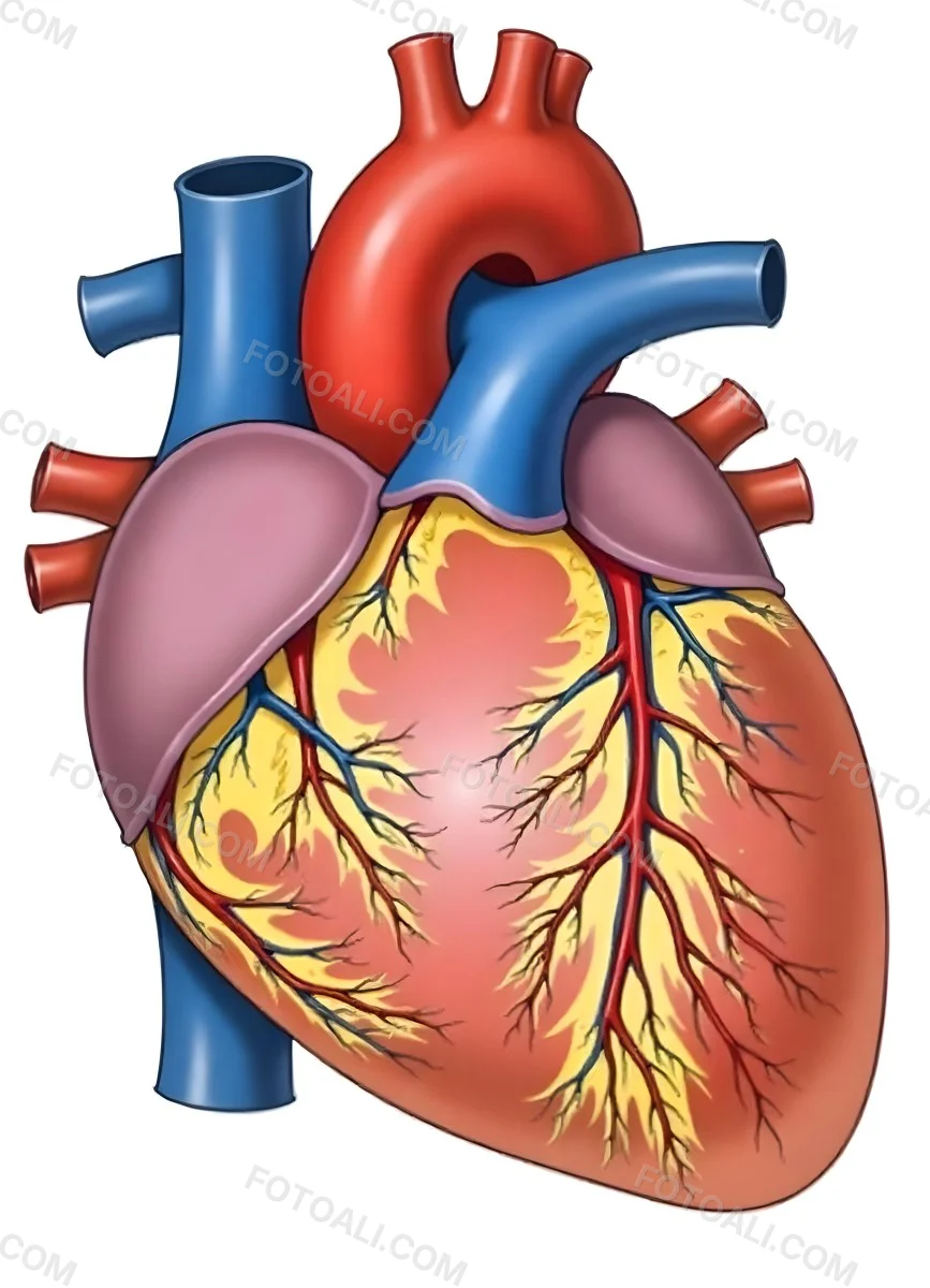 Human Heart With Veins And Arteries Detailed Anatomical Illustration Red And Blue Vessels Yellow Fat Tissue White Background Medical Diagram 16 C17b
