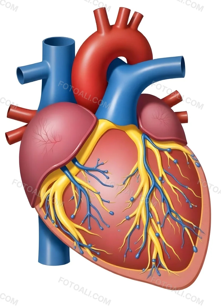 Human Heart With Veins And Arteries Detailed Anatomical Illustration Red And Blue Vessels Yellow Fat Tissue White Background Medical Diagram 18 5dce