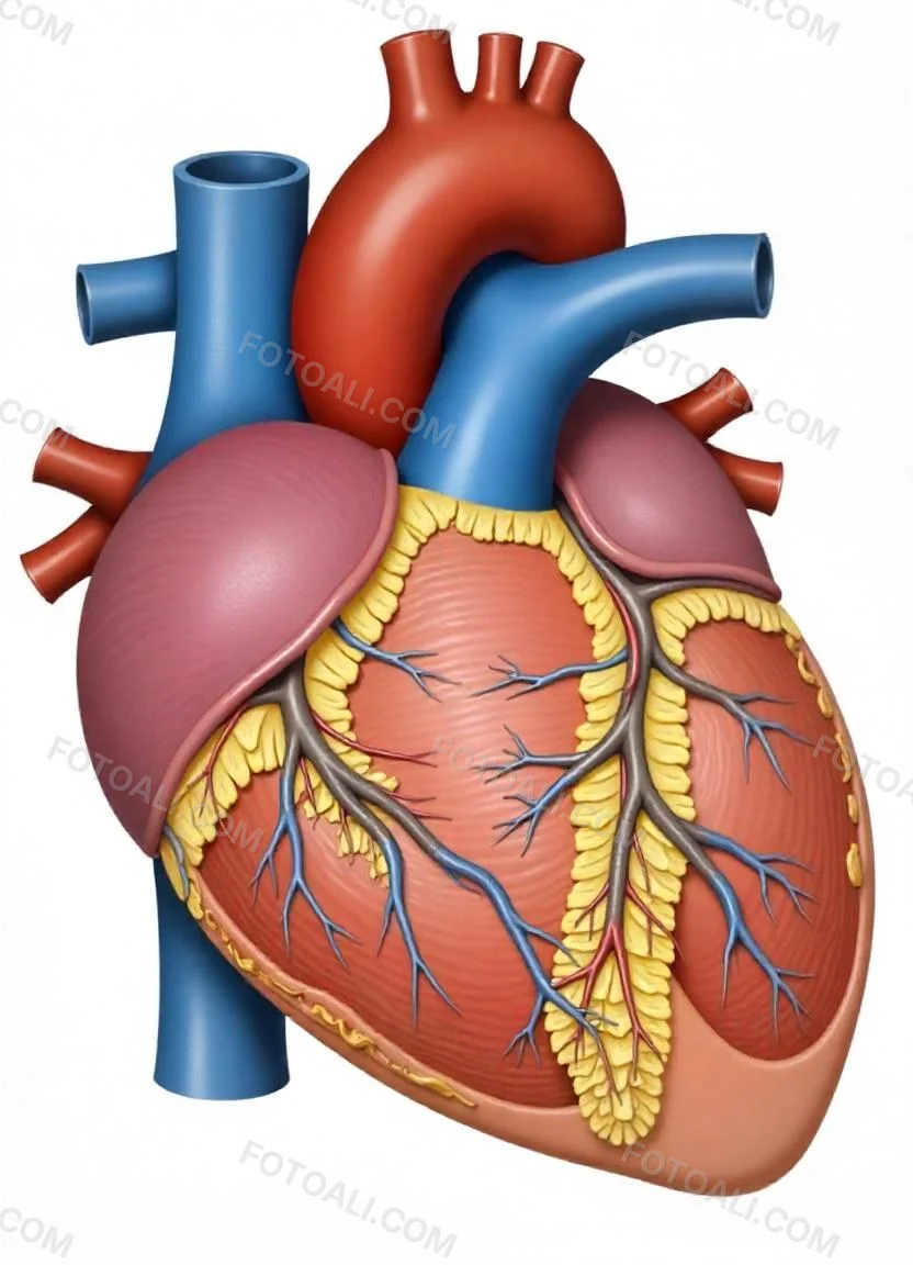 Human Heart With Veins And Arteries Detailed Anatomical Illustration Red And Blue Vessels Yellow Fat Tissue White Background Medical Diagram 23 25fe