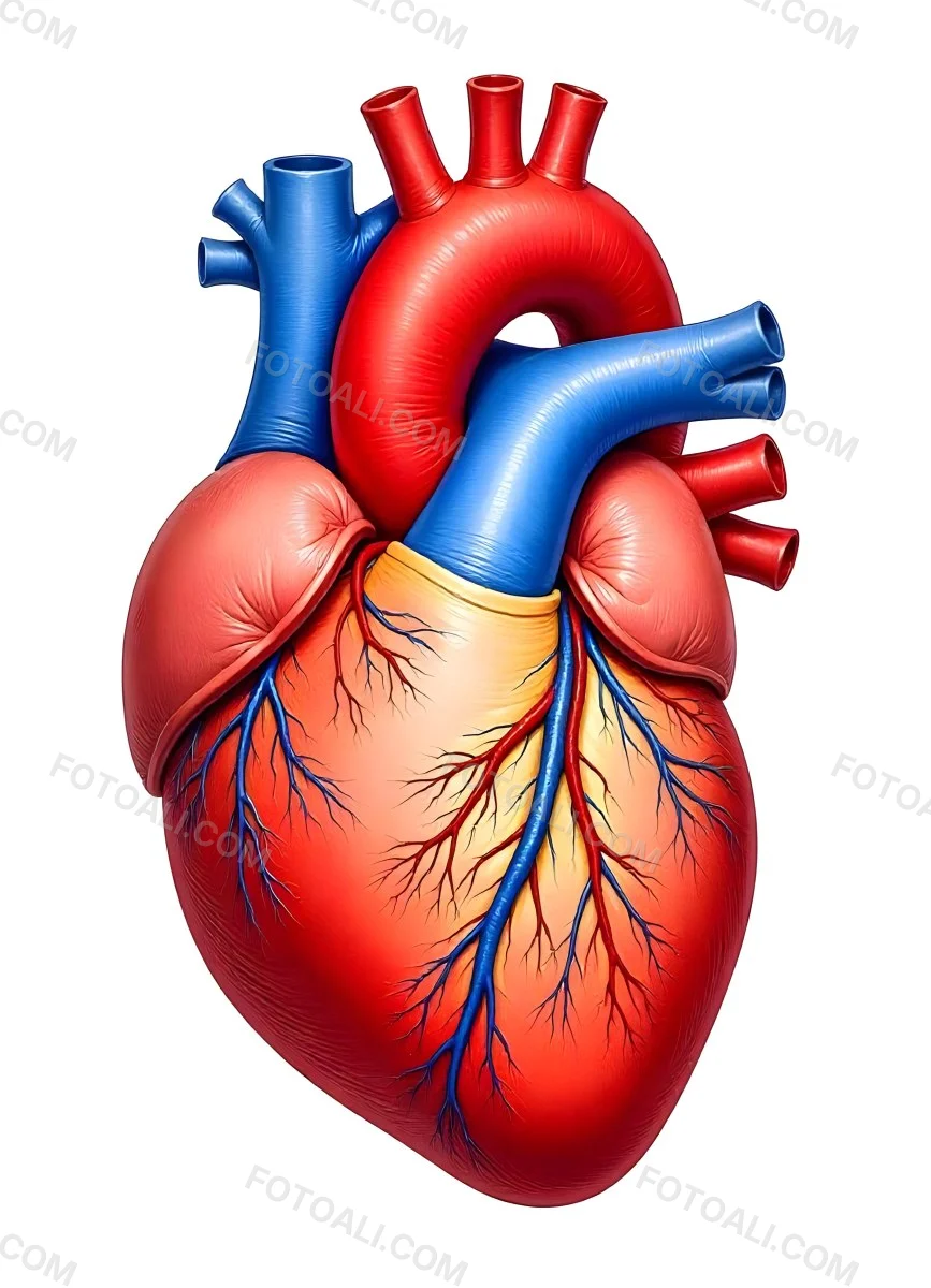 Human Heart With Veins And Arteries Detailed Anatomical Illustration Red And Blue Vessels Yellow Fat Tissue White Background Medical Diagram 3 81dd