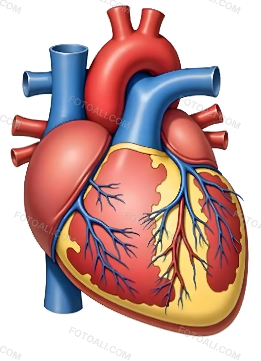 Human Heart With Veins And Arteries Detailed Anatomical Illustration Red And Blue Vessels Yellow Fat Tissue White Background Medical Diagram 32 B5e9