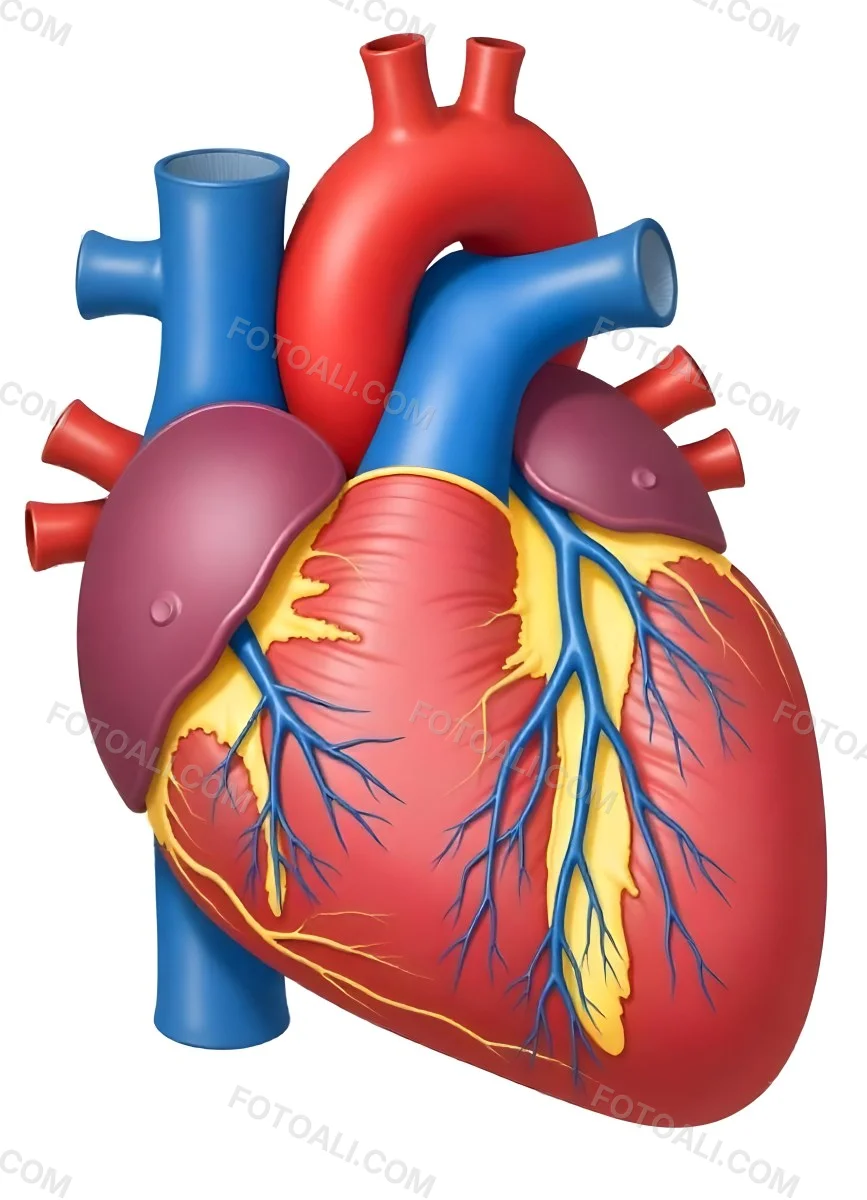 Human Heart With Veins And Arteries Detailed Anatomical Illustration Red And Blue Vessels Yellow Fat Tissue White Background Medical Diagram 33 F3b5