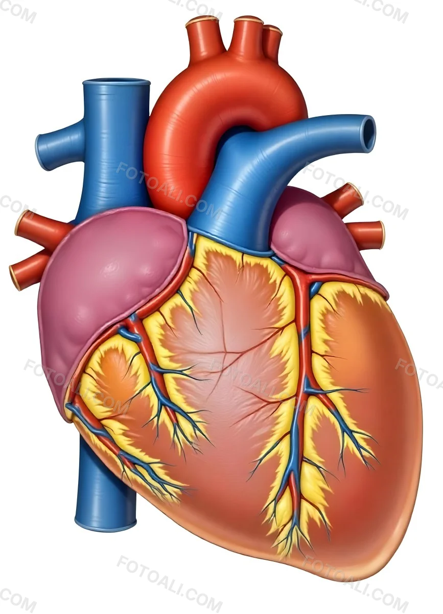 Human Heart With Veins And Arteries Detailed Anatomical Illustration Red And Blue Vessels Yellow Fat Tissue White Background Medical Diagram 36 37b6