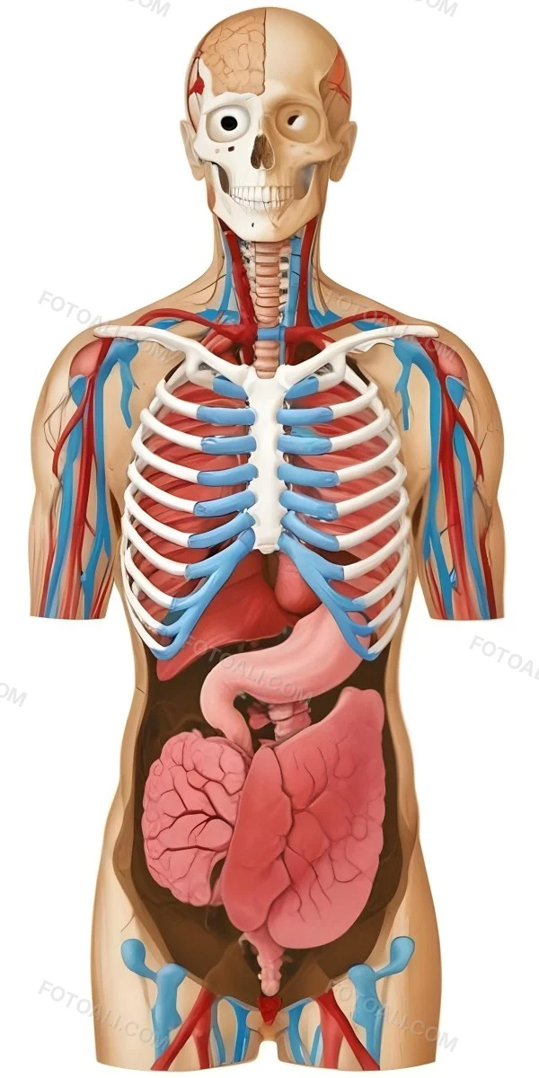 Human Torso With Visible Organs And Bones White Background 7 96c1