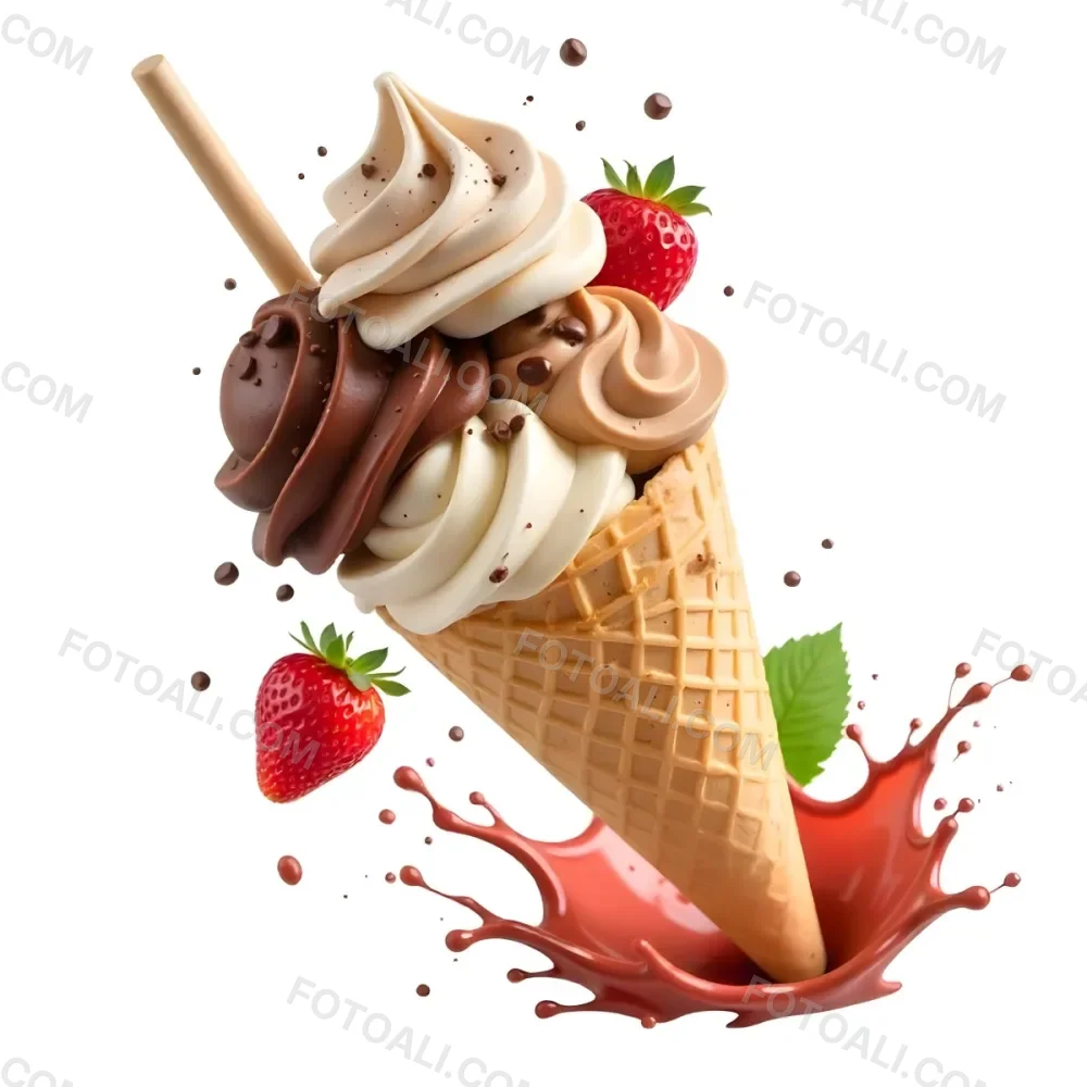 Ice Cream Cone With Chocolate Vanilla And Vanilla Flavors Waffle Stick Strawberry Syrup Splash White Background 16 E466