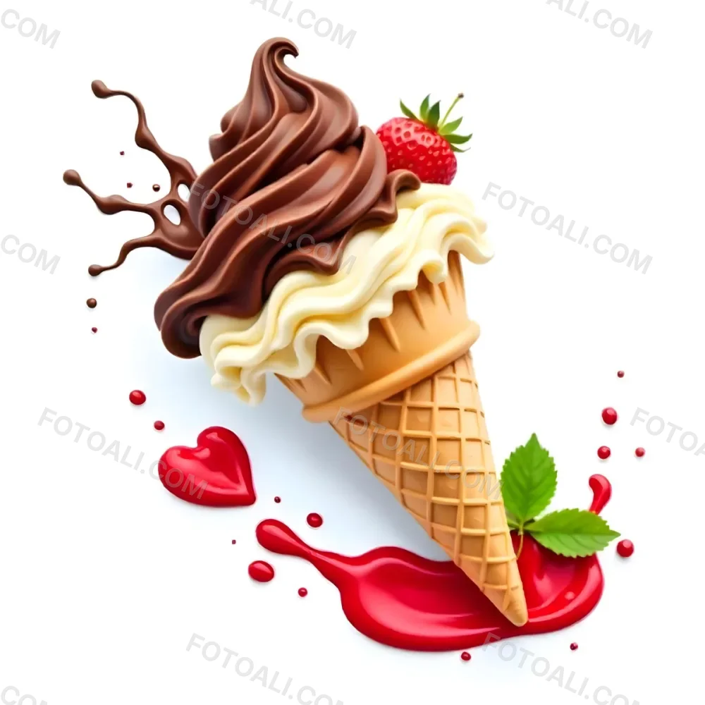 Ice Cream Cone With Chocolate Vanilla And Vanilla Flavors Waffle Stick Strawberry Syrup Splash White Background 30 5390