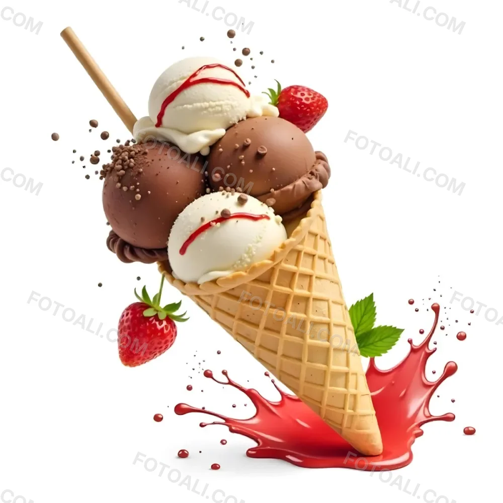 Ice Cream Cone With Chocolate Vanilla And Vanilla Flavors Waffle Stick Strawberry Syrup Splash White Background 35 Faee