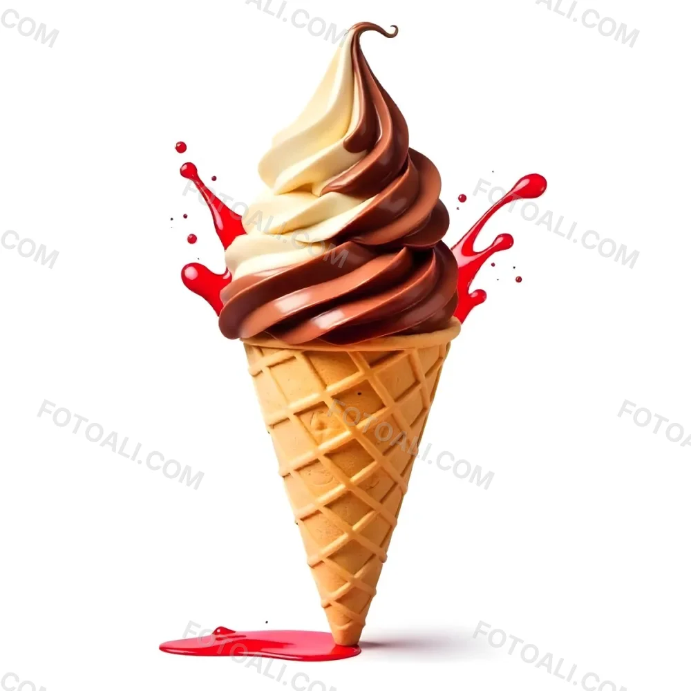 Ice Cream Cone With Chocolate Vanilla And Vanilla Flavors Waffle Stick Strawberry Syrup Splash White Background 43 F2e6