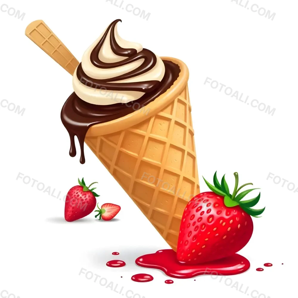 Ice Cream Cone With Chocolate Vanilla And Vanilla Flavors Waffle Stick Strawberry Syrup Splash White Background 48 A9fb