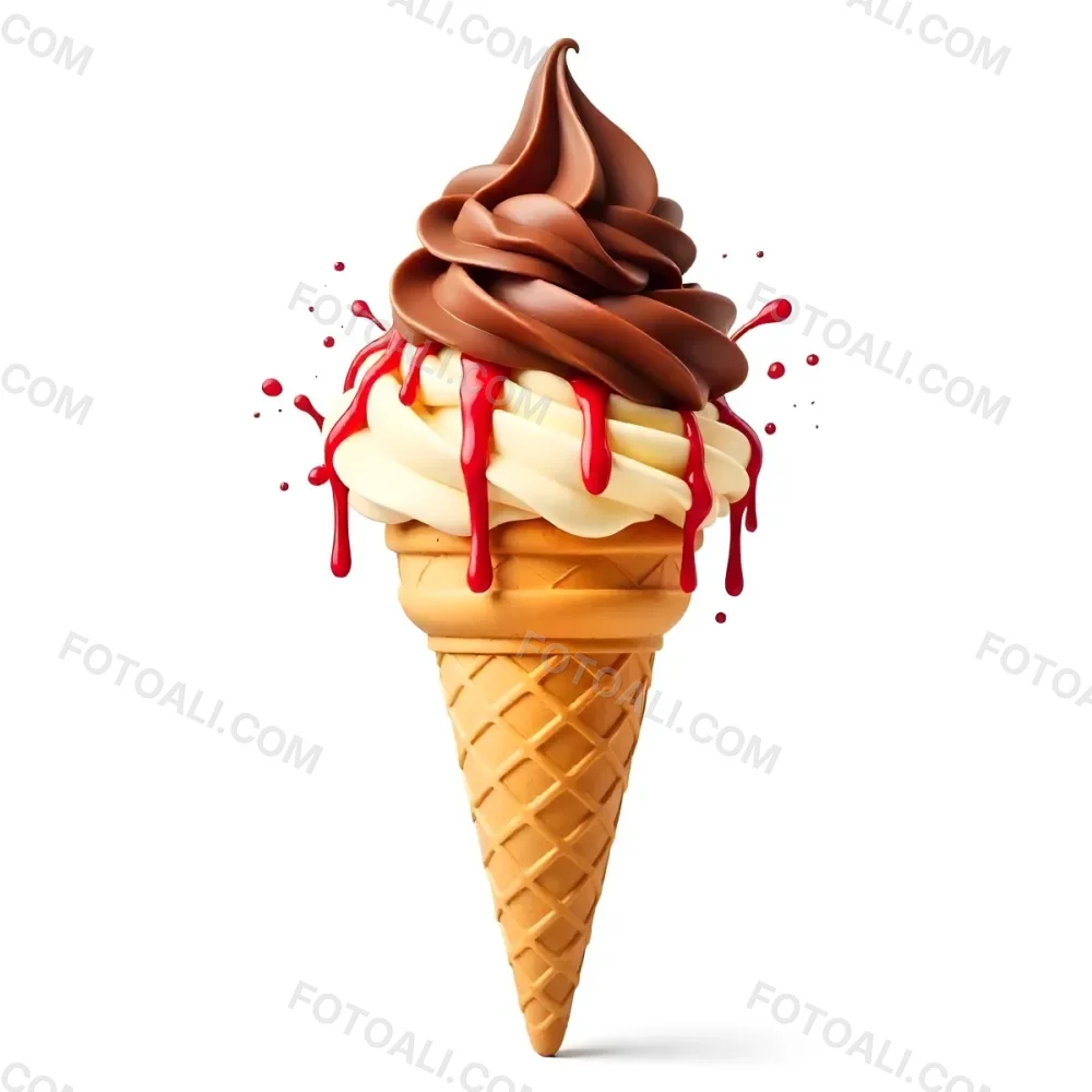Ice Cream Cone With Chocolate Vanilla And Vanilla Flavors Waffle Stick Strawberry Syrup Splash White Background 5 151d
